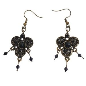 Vintage Bronze Tone Filigree Chandelier Earrings Black Beaded Boho Dangle Gothic